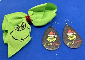 NEUE grüne Grinch Haarschleife Clip & NEU Grinch Kunstleder Träne Ohrringe - Bild 1 von 5