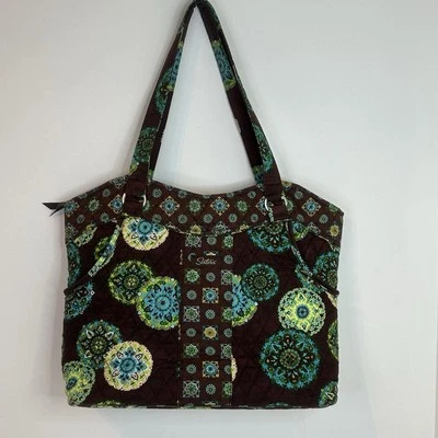 Bolso de Mano Longaberger Acolchado Cartera Hermanas Marrón Verde Azul Medallones Cachemira Foto 1 de 4