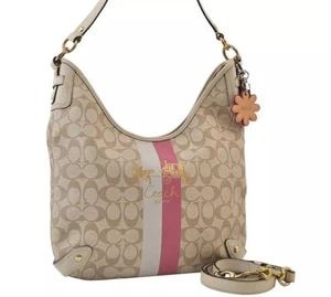 Coach Chelsea Signature Stripe Heritage Pink canvas Hobo Bag Add Matching Wallet - Picture 1 of 8