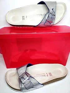 BIRKENSTOCK-SIZE UK 6-EU 39-US 8 METALLIC SILVER CUT BLUE ALL LEATHER NARRO FIT - Picture 1 of 9
