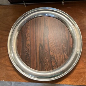 14.5” Gorham Pewter round tray w/faux rosewood insert, drinks tray - Picture 1 of 5