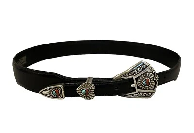 Justin Leather Belt Size 28 Black Southwestern Turquoise Heart Inlay Buckle USA - Image 1 of 4