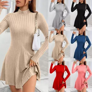Womens Ribbed High Neck Jumper Dress Long Sleeve Slim Fit Winter Mini Dresses - Picture 1 of 22