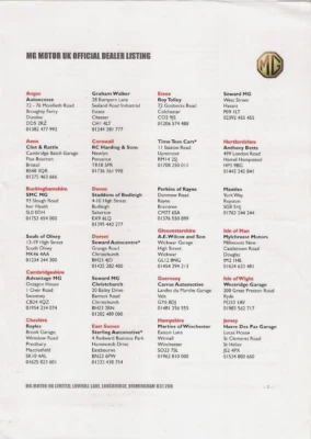 NAC MG Dealer List 2009 UK Market Single Sheet Brochure - Image 1 of 2