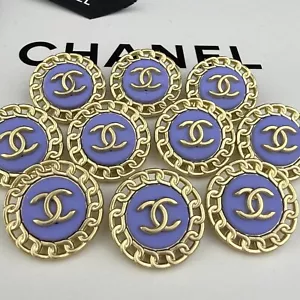 10 CHANEL BUTTONS GOLD BLUE CC LOGO METAL 23MM VINTAGE - Picture 1 of 10