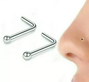 PAIR 18G Steel 2mm Ball L Bend to fit Shape Nose Stud Ring Fishtail Body Jewelry - Picture 1 of 4