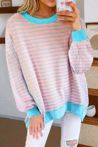Sudadera túnica pulóver alta baja con ribete en contraste a rayas rosas - Imagen 1 de 8