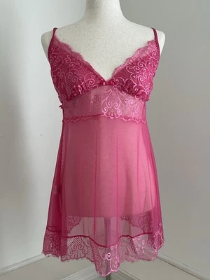Vintage Shirley of Hollywood Y2K Hot Pink Bow Lace Sheer Babydoll Stretchy - Image 1 of 4