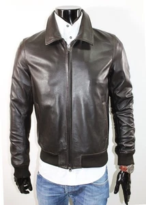 MEN HANDMADE LAMBSKIN LEATHER BOMBER JACKET DARK BROWN COAT  - Picture 1 of 5