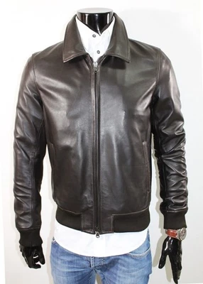 MEN HANDMADE LAMBSKIN LEATHER BOMBER JACKET DARK BROWN COAT  - Image 1 of 4