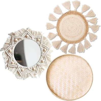 Juego de decoración de cesta de pared boho - Tapiz de macramé tejido plano, espejo blanco redondo Tas Foto 1 de 4