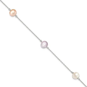 Sterling Silver White, Pink and Purple Cultured Pearl 3-Station Bracelet 7.5" - Picture 1 of 4