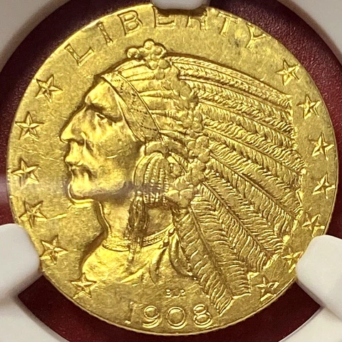 NGC MS-61! 1908 $5 GOLD INDIAN HALF EAGLE Cover
