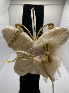 white & gold butterfly ornament Christmas  w/ ceramic womens face feathers - Picture 1 of 5
