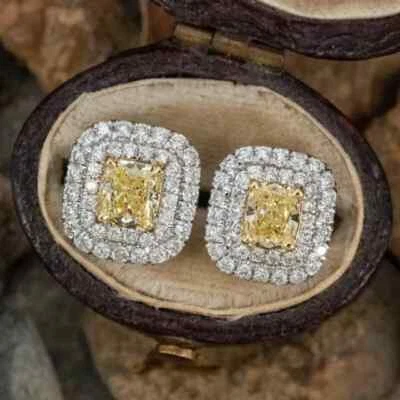 3Ct Cushion Cut Lab Created Yellow Diamond Stud Earrings 14K White Gold Plated - Image 1 of 3