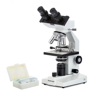 Microscopio LED compuesto binocular AmScope 40x-1000x + escenario mecánico + diapositivas - Imagen 1 de 11