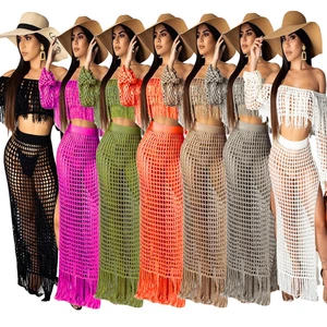Damen Spitze Langarm Freizeit Netz Quaste Strand Rock Zweiteiliges Set - Bild 1 von 57