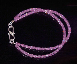 Pink Zircon Gemstone 925 Sterling Silver 5-10" Strand Bracelet 2 Layer 3mm Beads