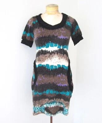 NWT Anthropologie Aryeh Brown Teal Geometric Knit Dress Cable Trim Pockets M - Image 1 of 4