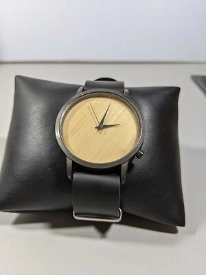 Black Round Case Brown Wood Dial Black Faux Leather Band Watch 10 Inch - Image 1 of 4