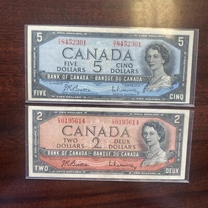 1954 Bank of Canada $5 & $2 Dollars Note - Beattie/Rasminsky - Picture 1 of 2