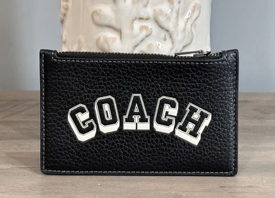COACH CAK43 Zip Card Case With Varsity Motif Refined Pebble Leather Black/Chalk - Image 1 of 4