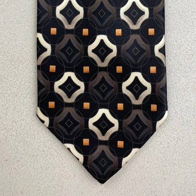 Vintage Geometric Print Silk Tie 1990s Tessellation Necktie Black/Brown/Orange - Image 1 of 3