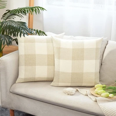 2 Buffalo Check Plaid Pillow Covers, Rustic Pillow Cases, Cotton, Beige & White - Image 1 of 4