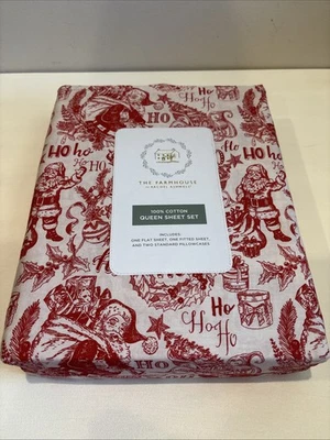 Farmhouse Rachel Ashwell HO HO HO Santa 4pc QUEEN/pillowcases Christmas sheets - Image 1 of 3