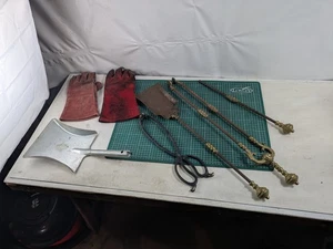 Viktorianisches Messing Kamin Set Poker Zange Schaufel Hitzebeständige Handschuhe Vintage - Bild 1 von 18