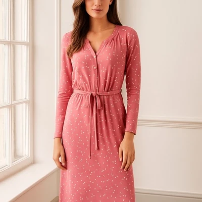 Boden Dress Women 12 Pink Leaf Floral Tilda Long Sleeve Midi Boho Cottage Preppy - Image 1 of 4