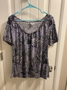 Worthington Stretch L Top Large Blouse Lg Shirt Feather Pattern  - Picture 1 of 6