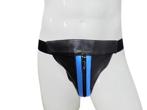Herren Leder Jockstrap Blau Streifen Reißverschluss Jocks Echtleder Elastischer Bund - Bild 1 von 4