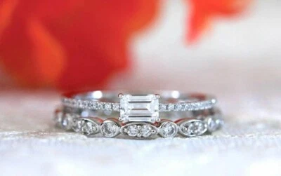 Conjunto de anillo de compromiso de boda nupcial de diamantes creado en laboratorio de esmeralda de 2,45 quilates de plata 925 Foto 1 de 4