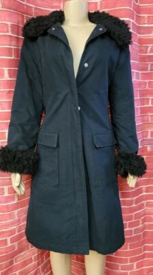 Gabardina BENETTON Hecha en Italia Mujer Negra Botón y Cremallera Talla M Ribete de Piel #CB9 Foto 1 de 4