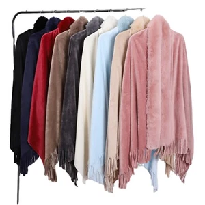 Women's Faux Fur Collar Shawl Coat Cloak Warm Tops Tassel Poncho Cape Jacket - Picture 1 of 22