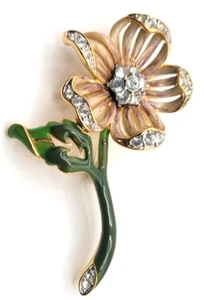 NOLAN MILLER FLOWER BROOCH PIN RHINESTONE GOLD TONE VINTAGE SIGNED PINK GREEN - Picture 1 of 3