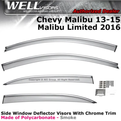 Viseras WELL para Chevy Malibu Sedán 13-15 Viseras de ventana Protectores de lluvia Borde cromado Foto 1 de 4