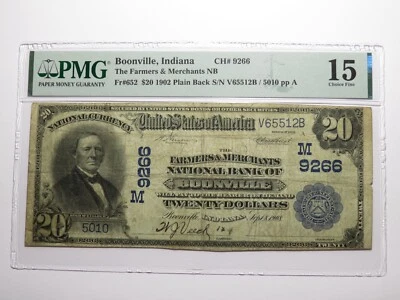 $20 1902 Boonville Indiana IN National Currency Bank Note Bill Ch. #9266 PMG F15 - Image 1 of 4