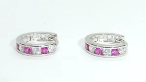 Ladies Sterling 925 Solid Silver Ruby and White Sapphire Huggies Earrings - Picture 1 of 6