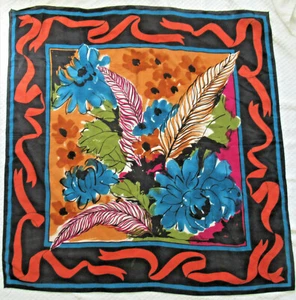 VINTAGE VERA großes Seidentuch Mod Blumen & Federn schwarz rost gold blau 31" - Bild 1 von 4