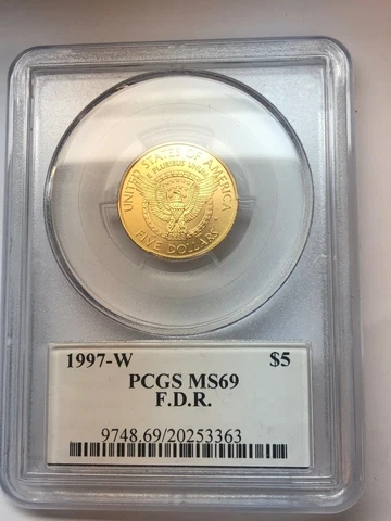 1997 W Franklin Delano Roosevelt FDR $5 Gold Coin PCGS MS 69 US Mercanti Rare Cover