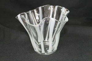 White Stripe Swirl Studio Art Glass Handkerchief Vase Ruffled Bowl  - Picture 1 of 5