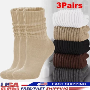 3 Pairs Women's Scrunch Crew Socks Retro Solid Cotton Boot Calf Socks Cozy - Picture 1 of 8