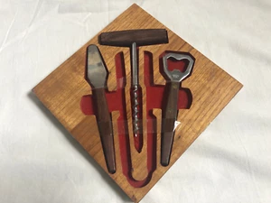 VINTAGE Modernist Bar Set Mid Century Cork Screw Bottle Opener Wooden Handle - Picture 1 of 3