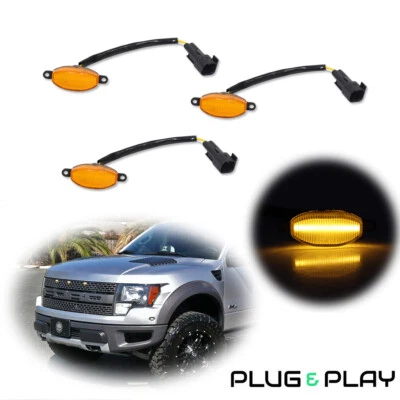 For 2010-2014 Ford Raptor F150 SVT LED Front Grille DRL Marker Lights 3PCS Amber - Image 1 of 4