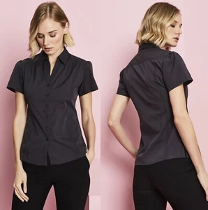 Womans Chambray Charcoal Fitted Shirt Blouse Short Puff Sleeves Office Smart - Picture 1 of 24