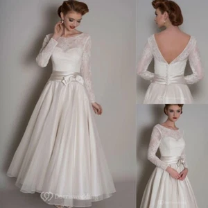 Elegant Wedding Dresses Long Sleeves Tea Length with Belt A Line Bridal Gowns - Picture 1 of 11