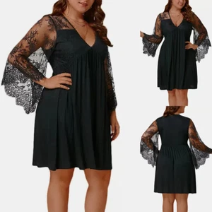 Plus Size Womens Mini Dress Lace Mesh Long Sleeve Sexy Evening Party Dresses US - Picture 1 of 6