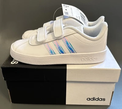 Adidas Niños Pequeños 10K Zapatos, VL Court 2 CMF, Blanco Iridiscente Tenis Nuevos en Caja Foto 1 de 4